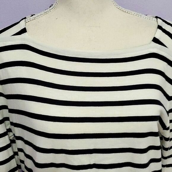 Talbots White & Black Stripes Square Neck Ruffled Pima Cotton Knit Top L - Picture 2 of 8